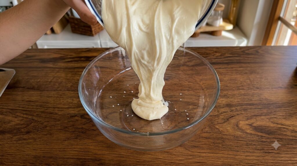 A creamy light-colored mixture being poured into a clear glass bowl on a wooden surface showing the viscous batter formi