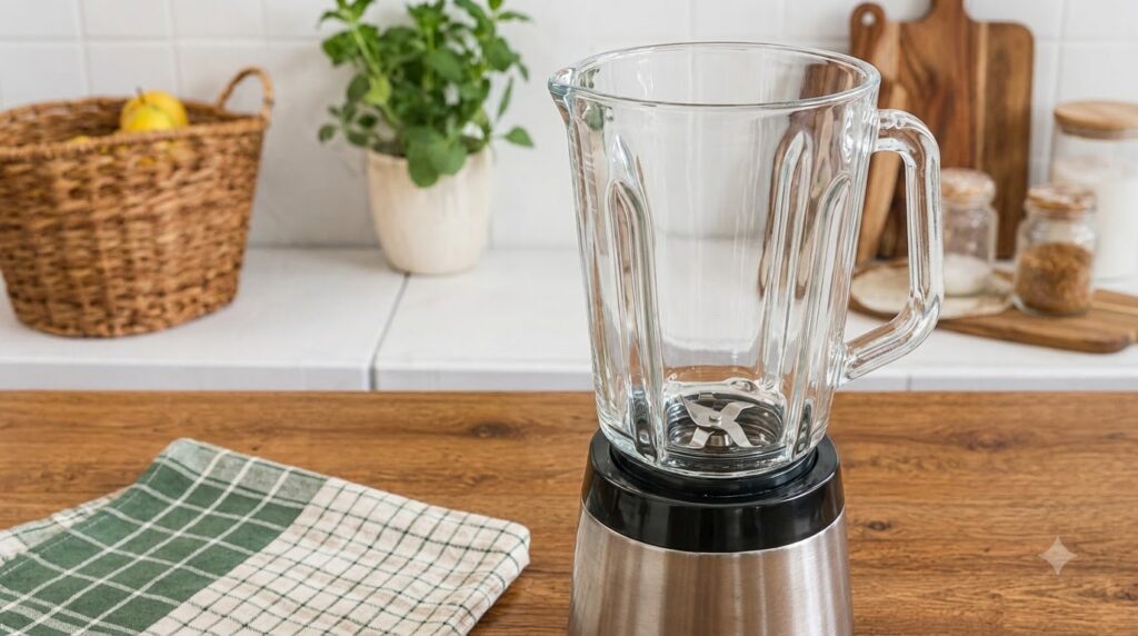 An empty glass blender jar resting on its sleek brushed metal base on a warm wooden countertop in a modern kitchen The b