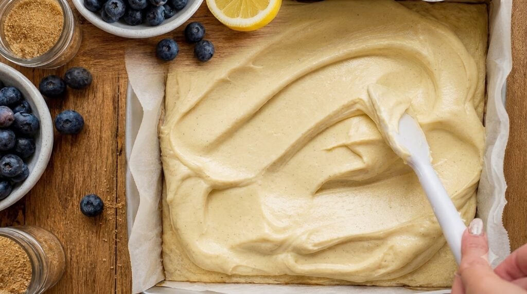 An overhead view of creamy light yellow vegan cake batter with vanilla bean specks being spread in a baking pan with a w