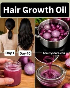 A close-up shot of chopped red onions and a bottle of carrier oil like coconut or olive oil on a rustic wooden table rea
