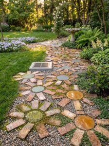 A garden path made of round stepping stones surrounded by old bricks arranged like flower petals with gravel filling the