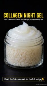 Ingredients for a Korean-inspired rice and Vaseline night gel including a small bowl of white rice a jar of petroleum je