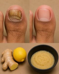 A close-up of healthy clear toenails with a small bowl of ginger and lemon mixture beside them emphasizing a neat and cl