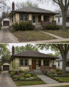 A beautifully revitalized Craftsman bungalow front yard showcasing a restored porch with inviting furniture and vibrant 