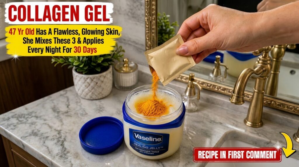 A hand pouring golden turmeric powder from a small sachet into an open tub of Vaseline on a bathroom counter The backgro