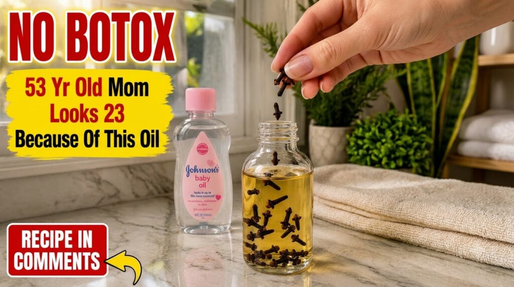 A hand dropping whole dried cloves into a glass bottle of oil with a bottle of Johnson s Baby Oil next to it on a marble