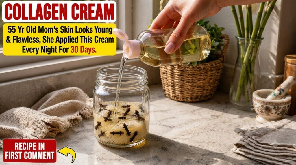 A hand pouring golden-hued baby oil into a glass jar containing white rice grains and dark brown cloves bathed in bright