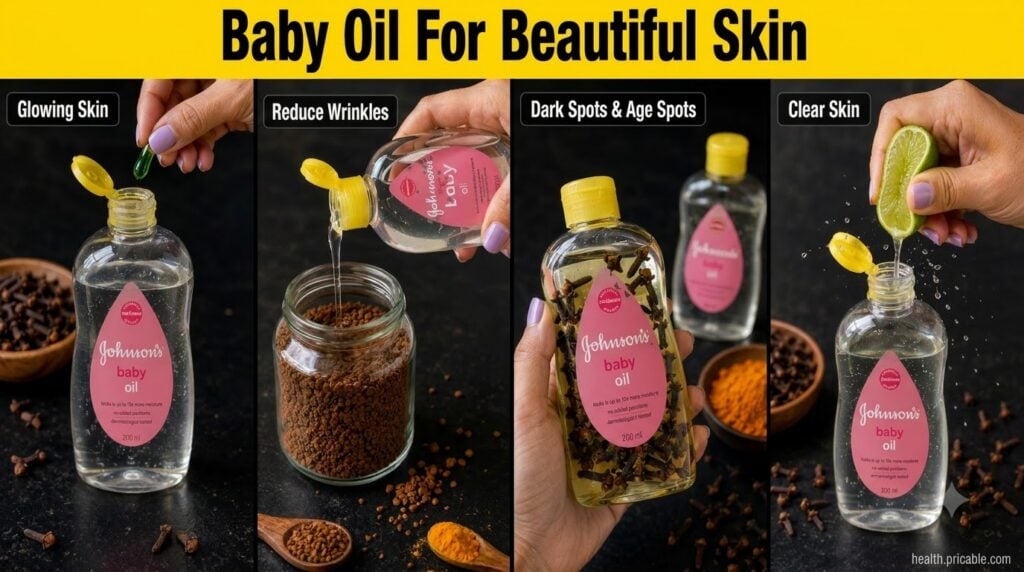 A collection of small glass bowls each containing Johnson s baby oil mixed with a different natural ingredient one with 