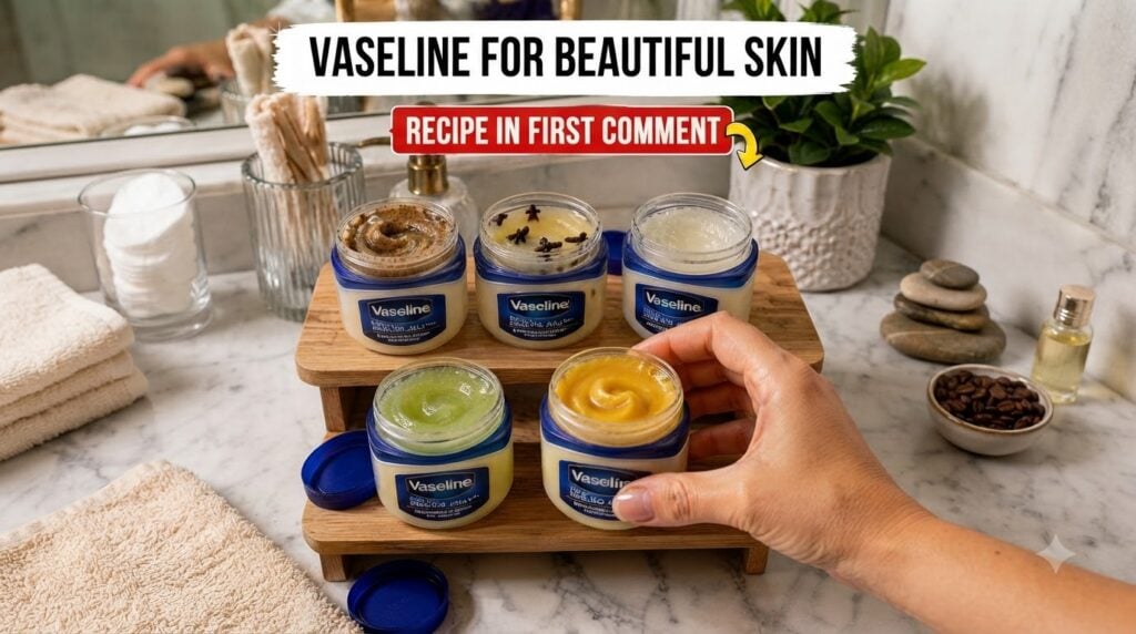 Five open jars of Vaseline Original Healing Jelly each customized with different colored gel-like formulations arranged 