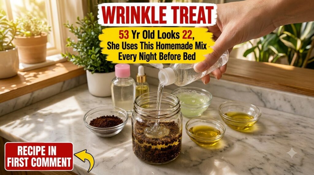 A hand pouring clear baby oil from a small travel bottle into a glass jar containing dark coffee grounds and a lighter o