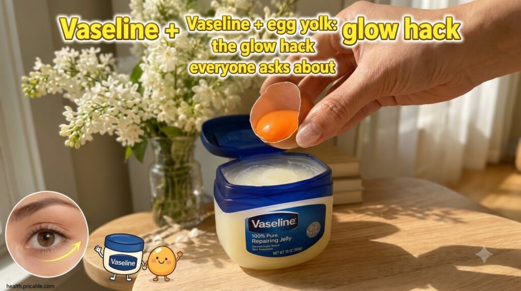 A hand is cracking an egg letting the yolk fall into an open tub of Vaseline jelly The background is a soft blur of whit