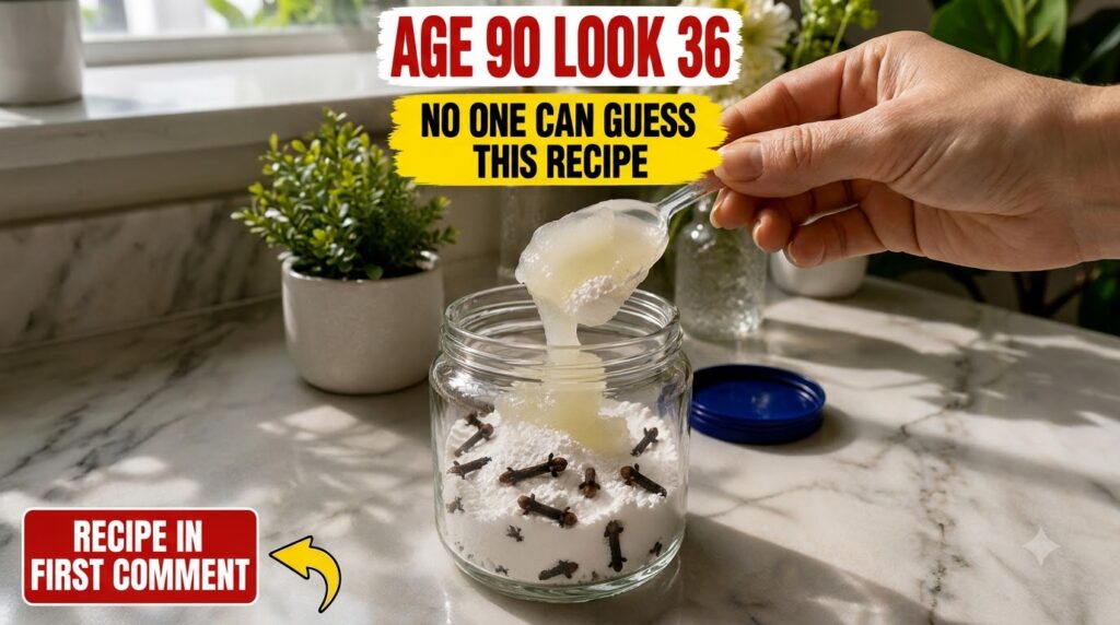 A hand holding a spoon pouring a thick translucent gel-like substance Vaseline into a clear glass jar containing fine wh