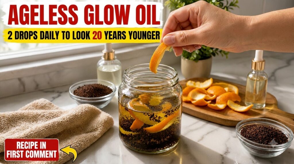 A hand holding fresh orange peel over a glass jar filled with baby oil coffee grounds and orange peels In the background