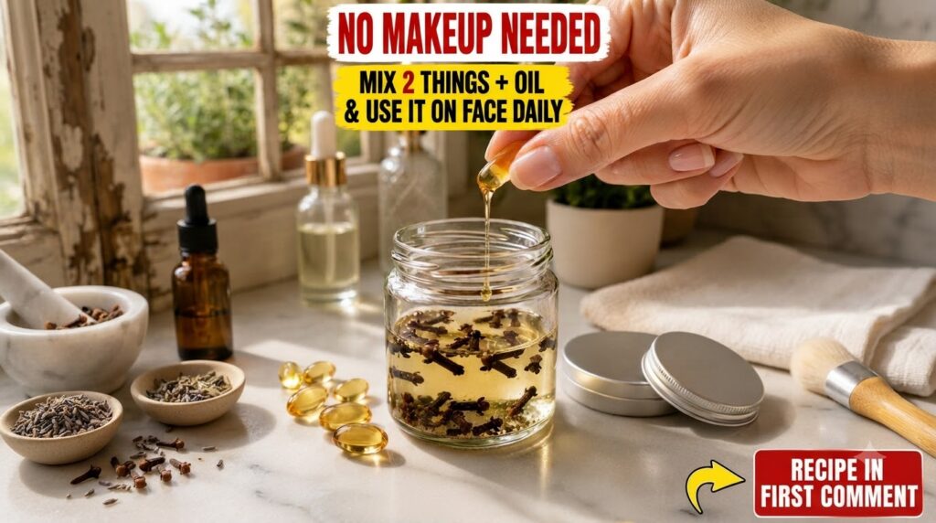 A hand gently squeezing a vitamin E oil capsule allowing a golden liquid to drip into a glass jar filled with baby oil a