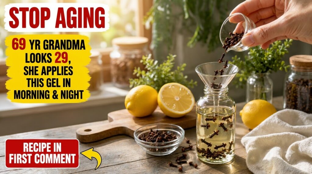 A hand pouring whole dried cloves from a measuring cup into a glass funnel placed at the mouth of a bottle containing li
