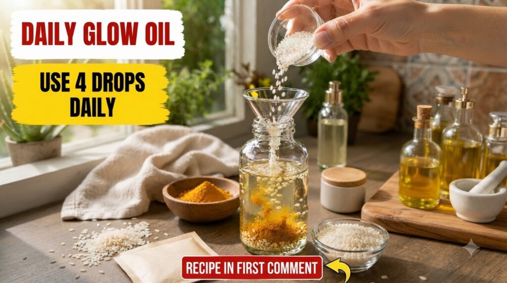 A hand pouring white rice grains through a funnel into a glass bottle containing baby oil and turmeric powder on a rusti