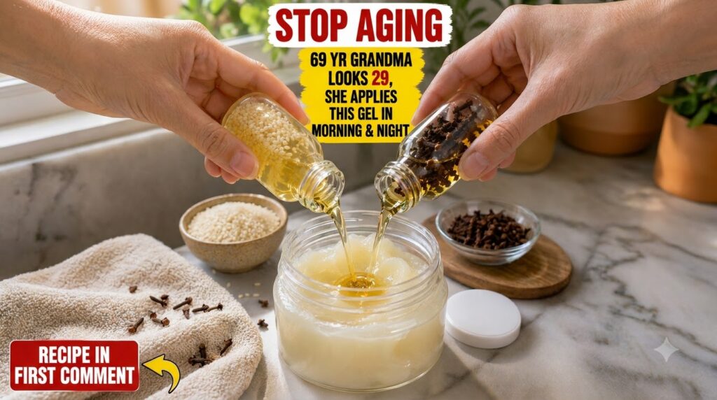 Hands gently pouring two types of golden infused oil one with rice grains one with cloves from small glass bottles into 