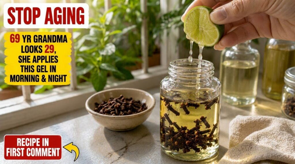A hand squeezing a fresh lime with juice dripping into a clear glass jar filled with a yellow liquid and cloves A bowl o