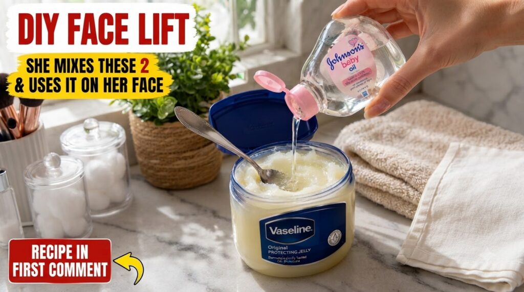 A close-up top-down view of Johnson s Baby Oil being poured from its bottle into a jar of Vaseline Original Protecting J