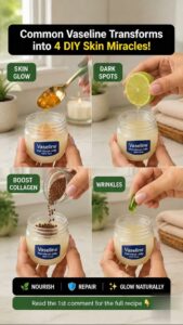 A jar of Vaseline next to small bottles of almond oil and vitamin E oil with a mixing bowl and spoon suggesting ingredie