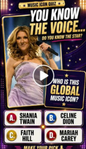 A mobile quiz game interface featuring a portrait of Celine Dion smiling and holding a microphone with quiz elements and