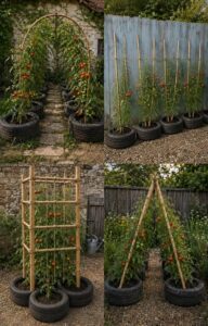 A vertical garden made from stacked old tires each tire containing a healthy tomato plant supported by bamboo stakes Som