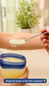 A small clear glass jar filled with a thick glossy translucent collagen night gel with the ingredients Vaseline and Baby