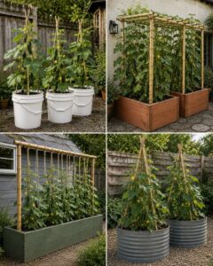 A lush cucumber plant with fruits growing vertically on a sturdy trellis inside a large terracotta pot on a sunny patio 