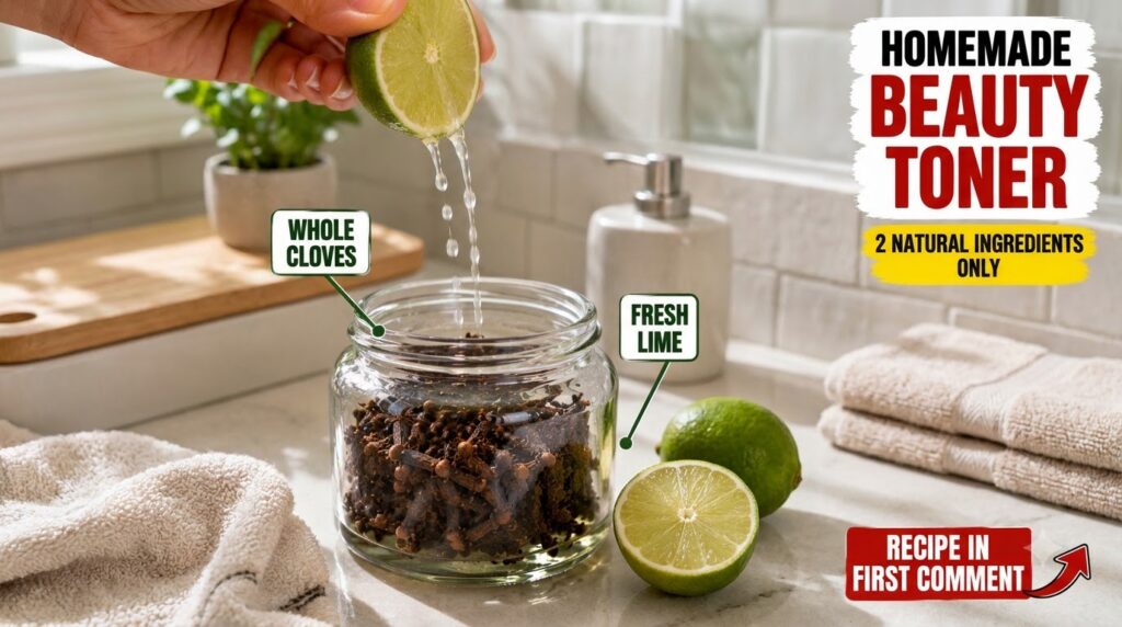 A hand squeezing a fresh lime over a glass jar filled with whole cloves with water dripping into the jar The scene is br