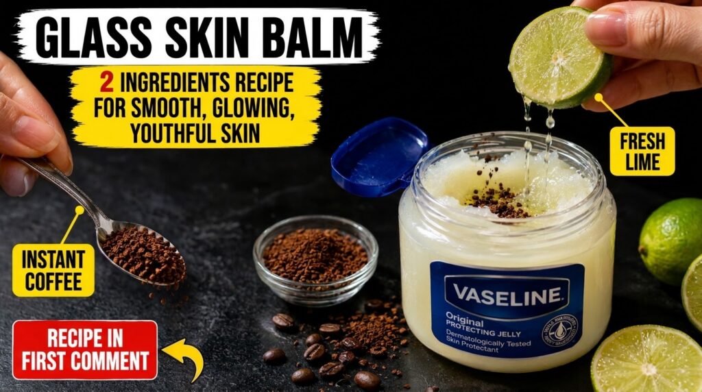 Hands mixing instant coffee granules and fresh lime juice into a jar of Vaseline to create a DIY glass skin balm