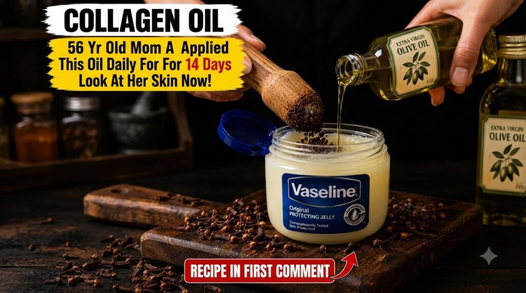 A close-up top-down view of a hand pouring olive oil into a jar of melted Vaseline while another hand mixes in crushed c