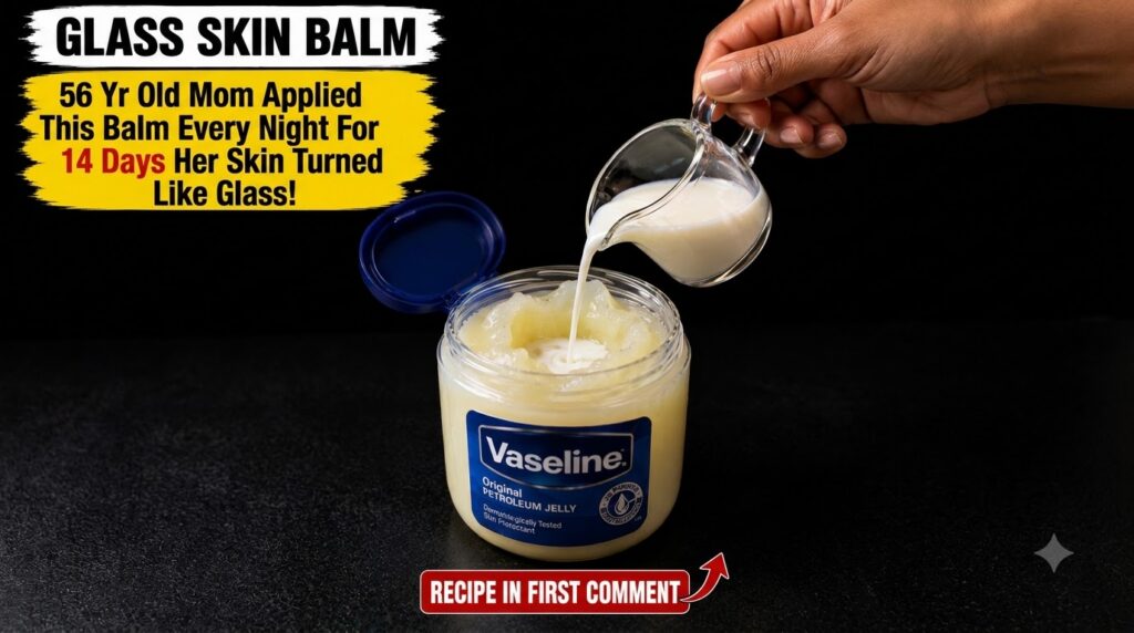 A close-up top-down view of a hand pouring creamy white milk from a small glass pitcher into a large jar of Vaseline Ori