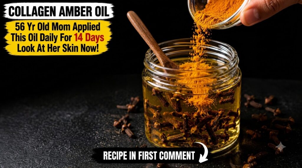 A hand pouring vibrant yellow turmeric powder from a small glass bowl into a clear glass jar containing golden oil and d