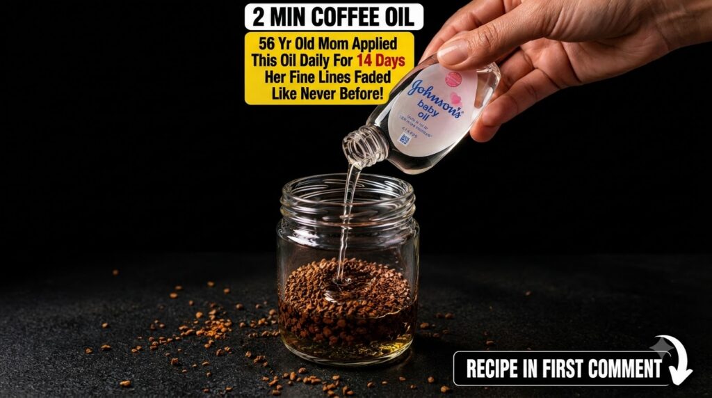 A hand pouring baby oil from its bottle into a clear glass jar containing instant coffee granules emphasizing the mixing