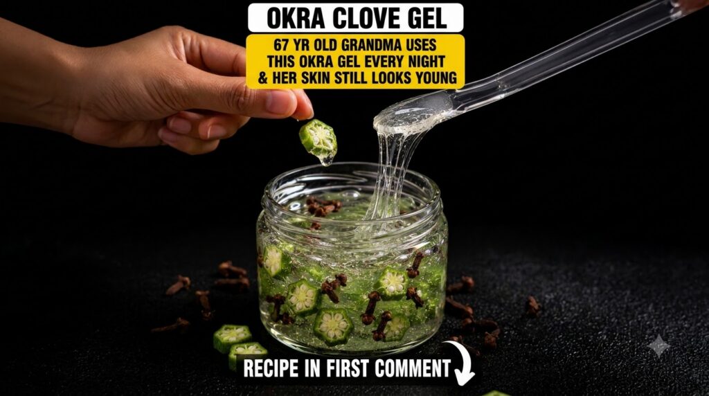 A glass jar filled with clear viscous okra and clove gel with sliced okra and whole cloves visible inside A hand is gent