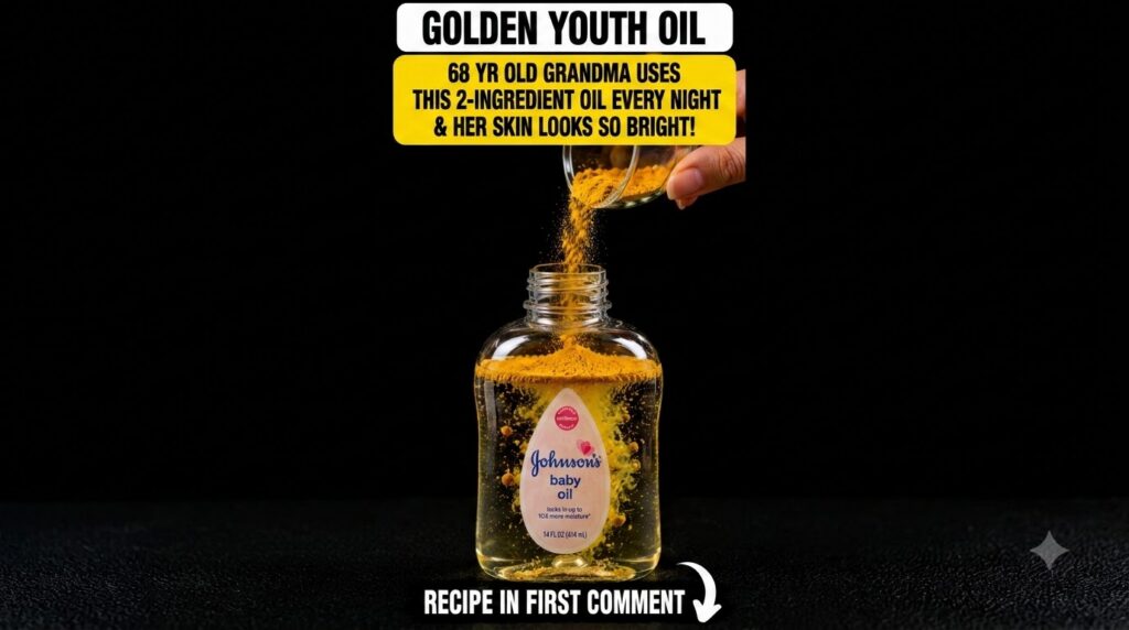 A clear bottle of Johnson s baby oil on a dark background with a hand pouring golden turmeric powder from a small glass 