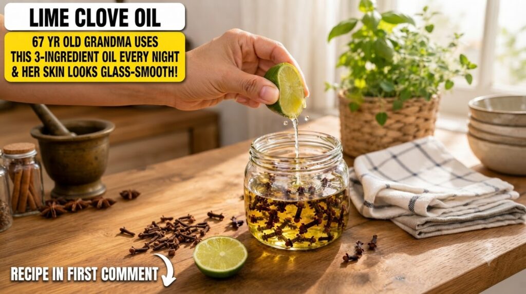 A hand squeezing a fresh lime into a glass jar containing baby oil and whole cloves on a rustic wooden table More lime h