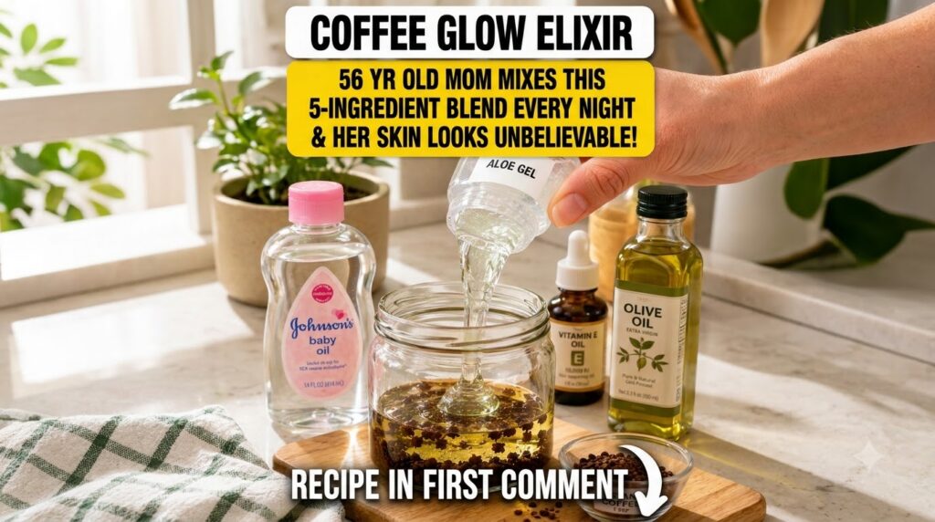 A close-up of a hand pouring clear aloe gel from a bottle into a glass jar The jar already contains a yellow oil and num