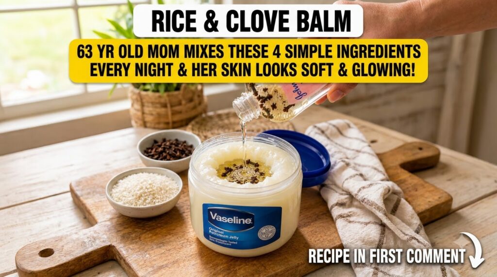 A hand pouring oil infused with rice and cloves from a Johnson s baby oil bottle into a tub of Vaseline on a wooden surf