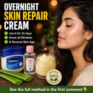 A trio of small jars or containers holding Vaseline a green aloe vera gel and a clear baby oil arranged neatly on a clea