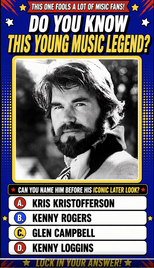 A retro-style quiz image featuring a black and white portrait of a young man with shaggy hair and a beard framed in brig