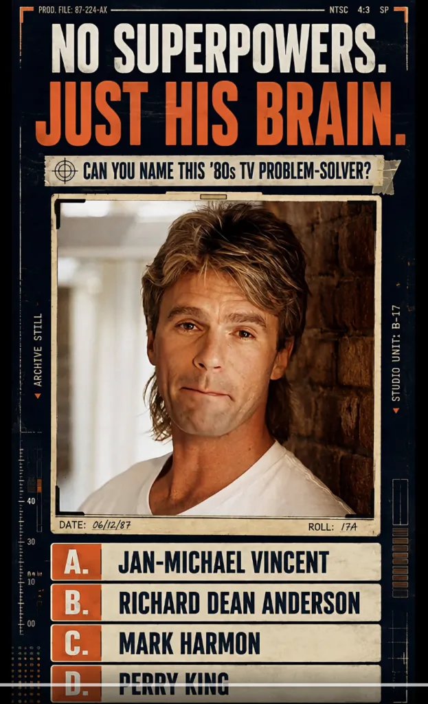A vertical retro-styled 80s TV trivia quiz poster featuring a framed portrait of Richard Dean Anderson with an 80s mulle