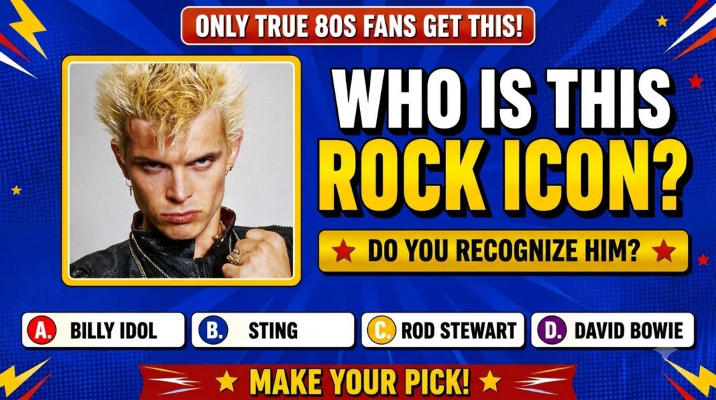 A close-up portrait of Billy Idol with spiky blonde hair an intense gaze wearing a leather jacket with chains set agains