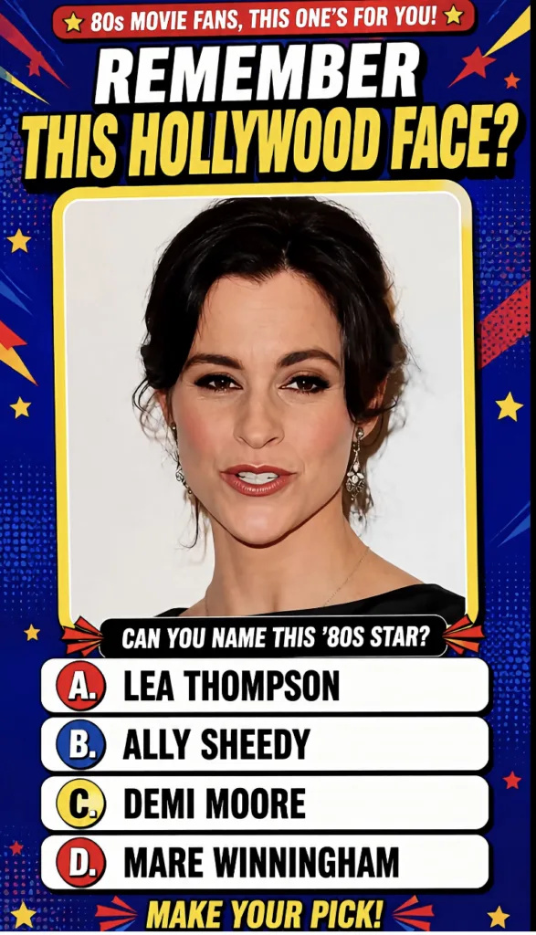 A retro-themed digital quiz from the 80s featuring a portrait of Ally Sheedy with the question CAN YOU NAME THIS 80S STA