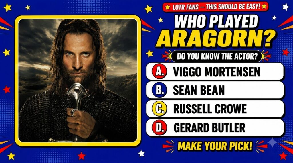 A portrait of Viggo Mortensen as Aragorn in chainmail with long dark hair and a serious expression set against a dramati