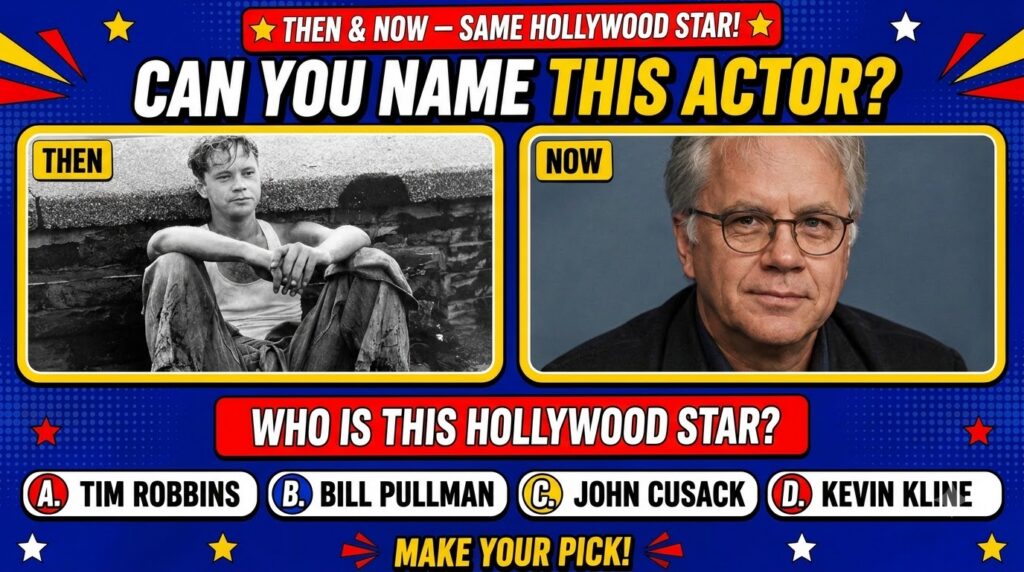 A Then Now quiz graphic On the left a black and white portrait of a young Tom Hanks in a distressed outfit against a sto