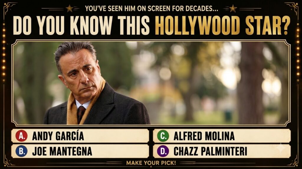 A vintage-style quiz poster featuring a close-up portrait of Andy Garcia He is wearing a dark coat and a camel-colored s