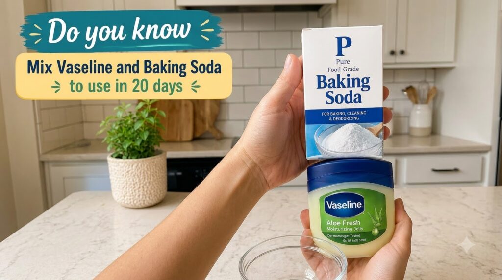 Hands holding a box of baking soda and a jar of Vaseline with an empty glass bowl for mixing in a kitchen setting