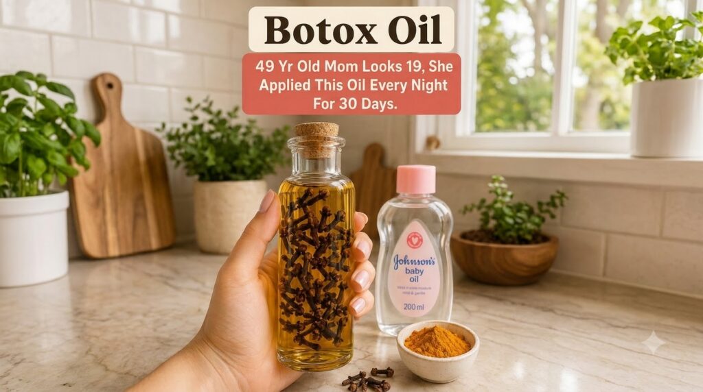 A hand holding a glass bottle filled with a golden liquid and whole cloves with other ingredients like baby oil and turm