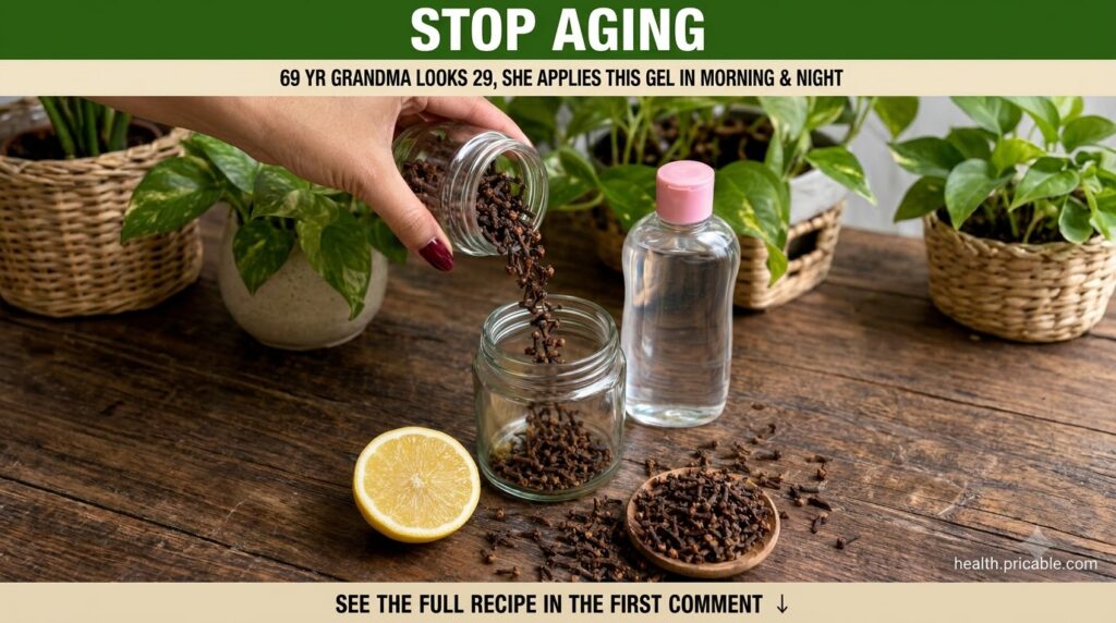 A hand pouring dried cloves from one glass jar into another with a lemon half and a clear liquid bottle on a rustic wood